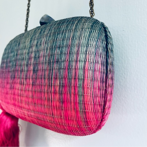 Serpui Marie NWOT Ombré Woven Clutch Crossbody Pink Green Tassel - Picture 12 of 12